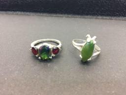 Lot of 2 Silver Rings w/ Green Gemstones