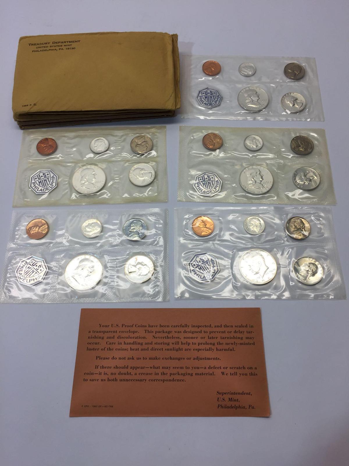 Treasury Department United States Mint Philadelphia - Coin Proof Sets 1960, 1961, 1962, 1963, 1964