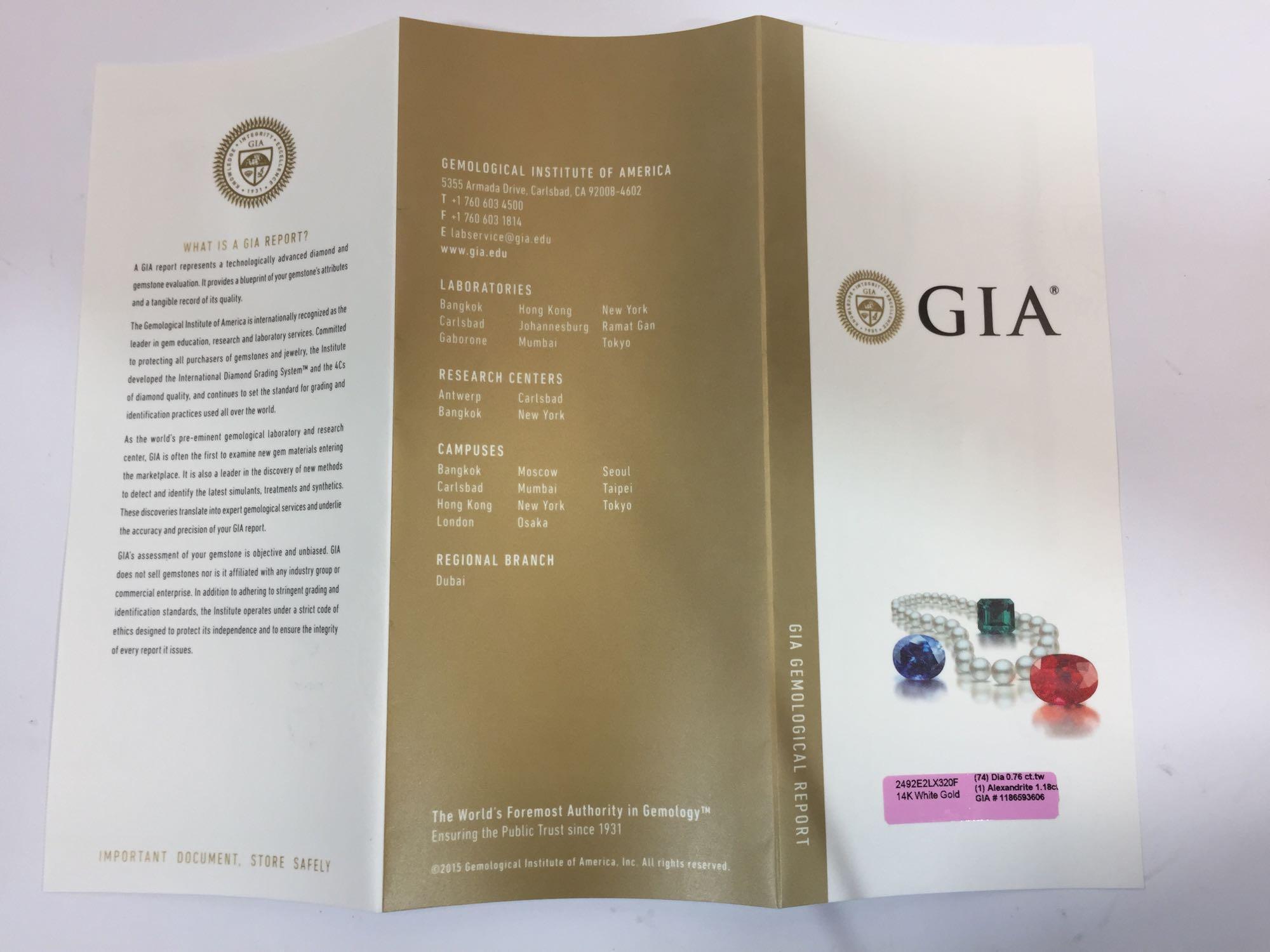 14K White Gold 1.18 carat Alexandrite 0.76 carats Diamond Ring GIA & AIGL Certificates size 6