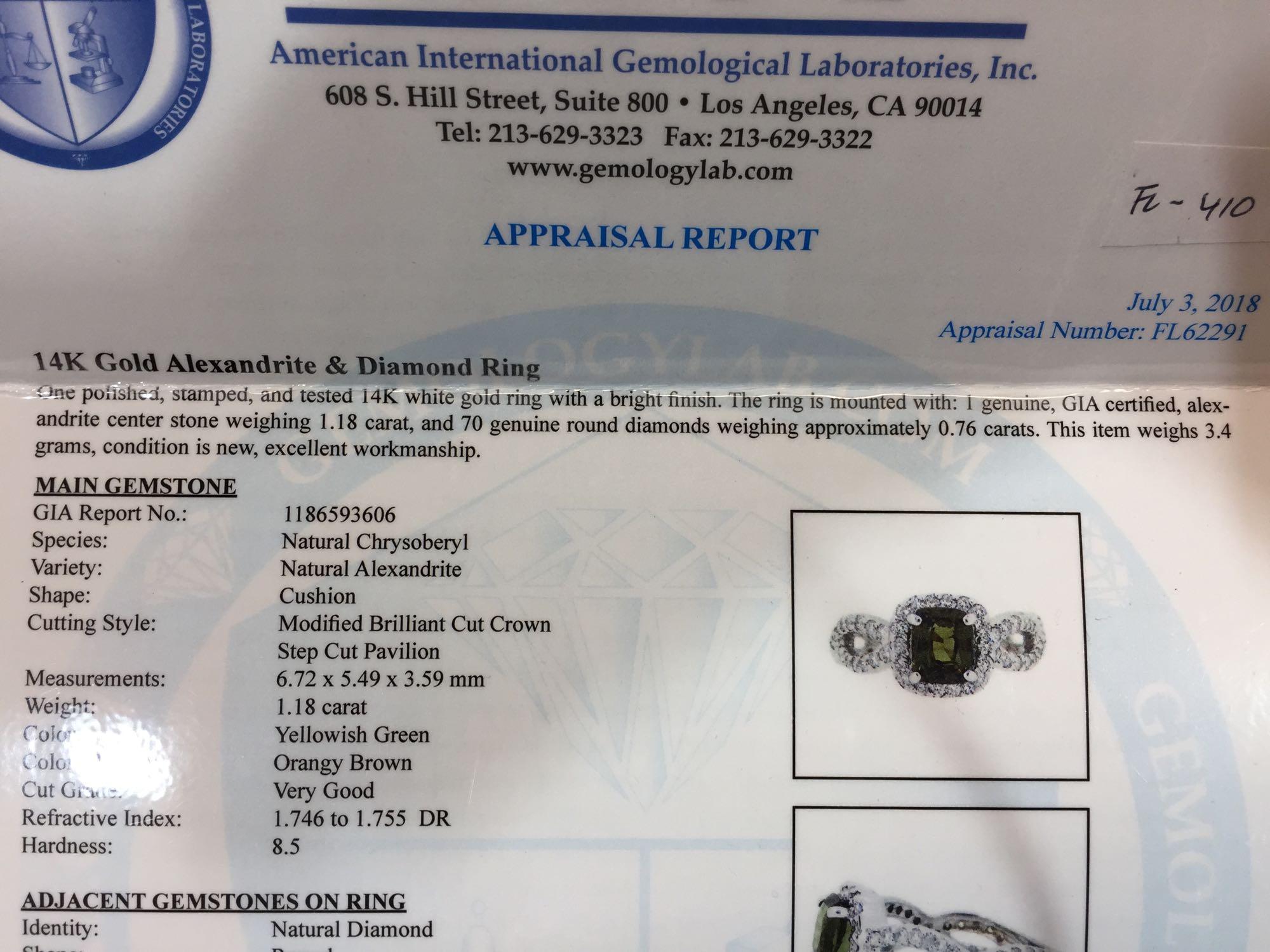 14K White Gold 1.18 carat Alexandrite 0.76 carats Diamond Ring GIA & AIGL Certificates size 6