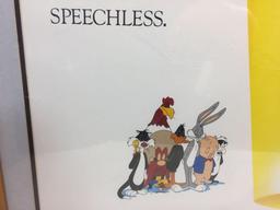 Framed Poster says Warner Bros 1989 Looney Toon Mel Blanc Memorial Artwork Speechless 21x30in