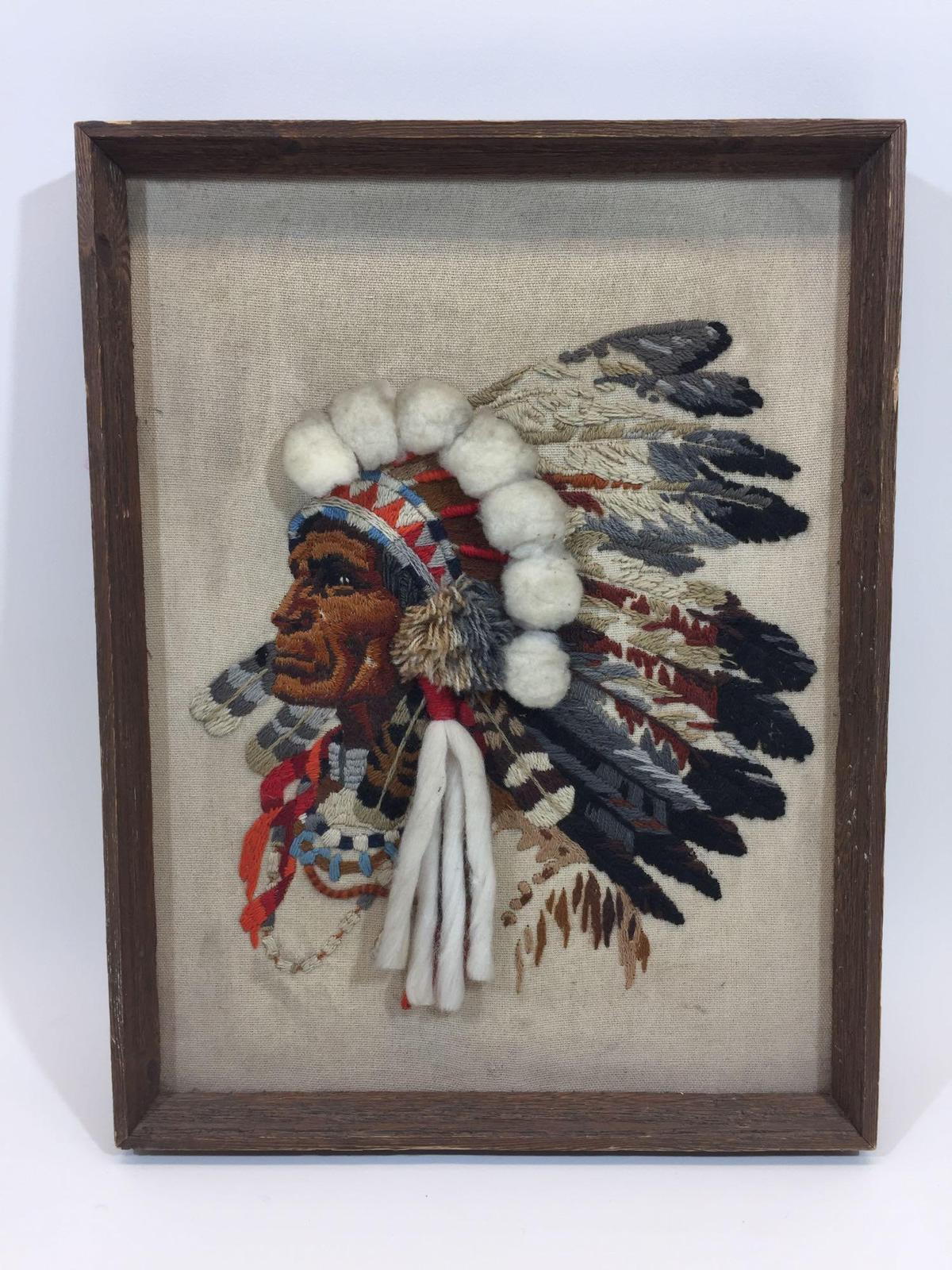 Framed Native American Fabric Art 21x16in