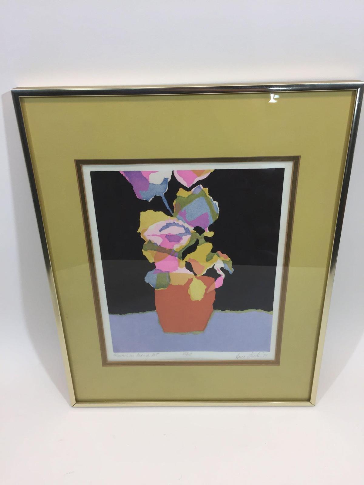 Framed Art 21x17in says Loch 1974 Flowers in Orange Pot 25/45