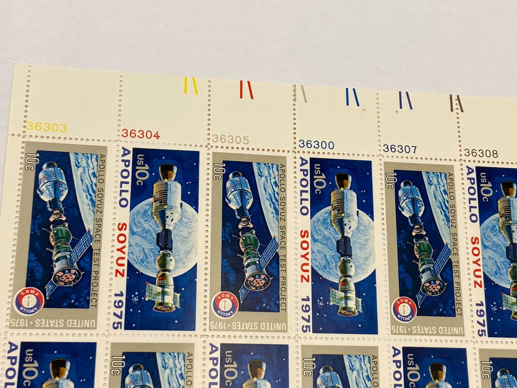 1975 U.S. 10 Cent Apollo Soyuz Stamp Sheets, Lot of 25