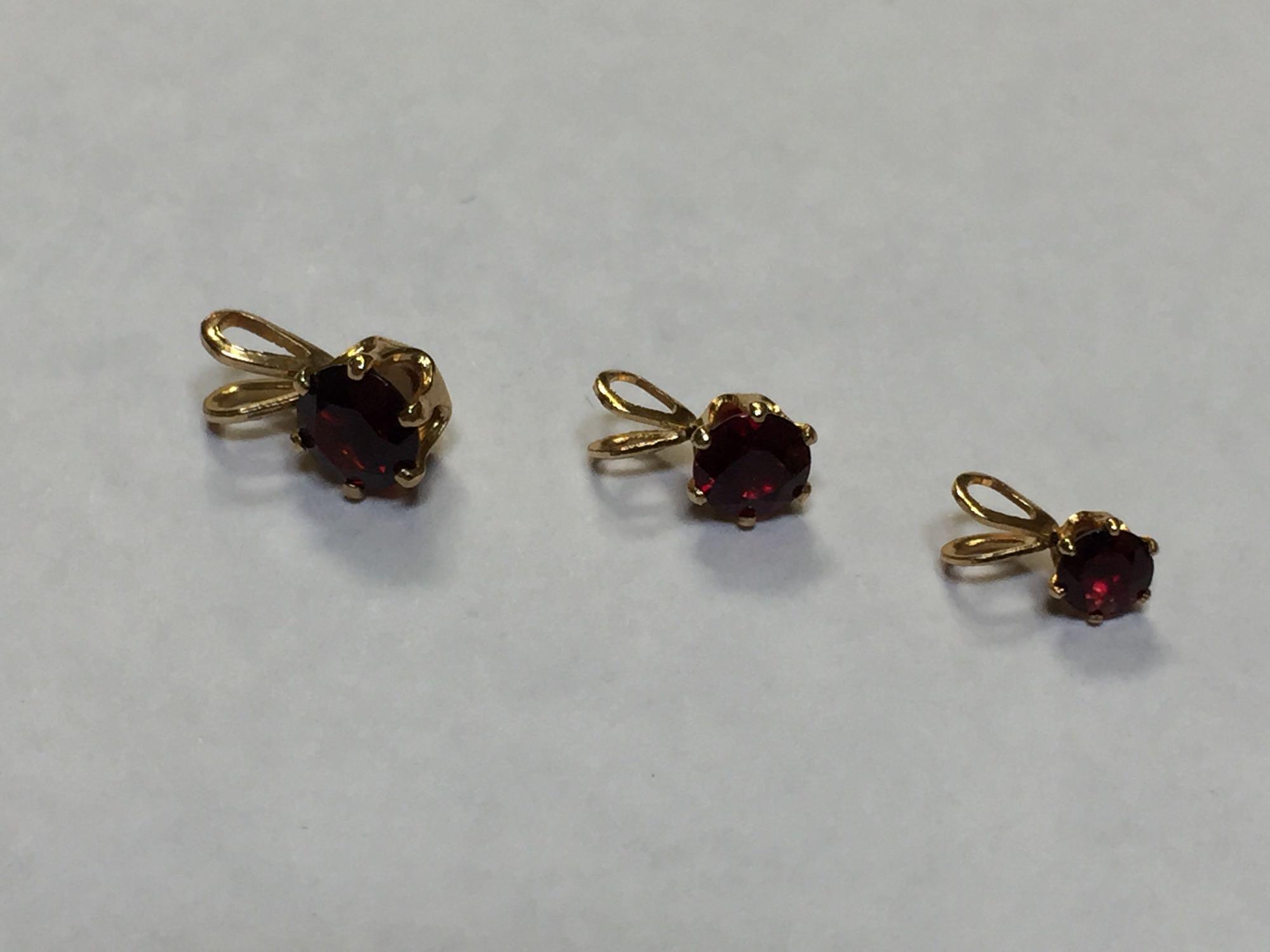 14K Gold Garnet Necklace Pendants, Lot of 3