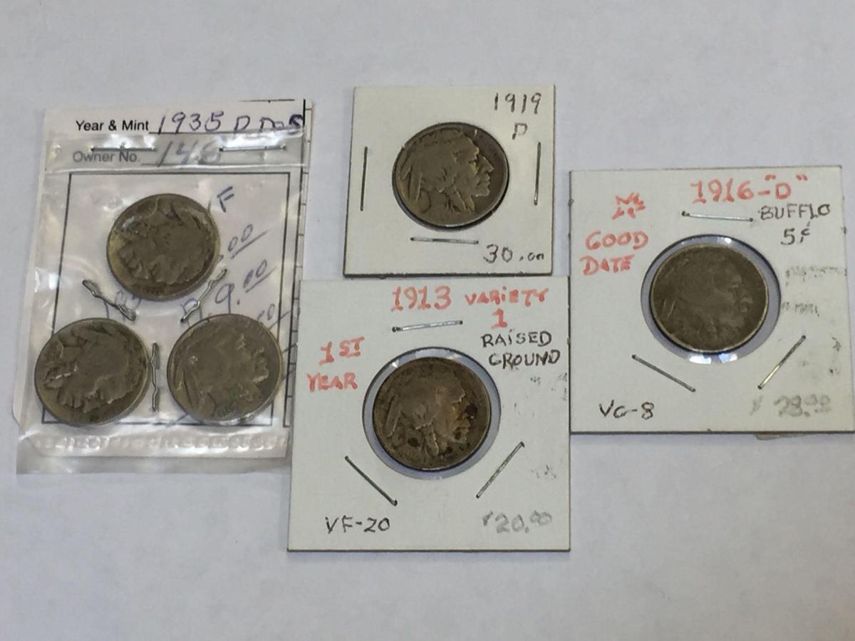 US Buffalo Nickels 1913, 1916, 1935, Lot of 6 Coins