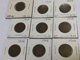 Indian Head Pennies 1907 & 1908, Lot of 9 US Coins