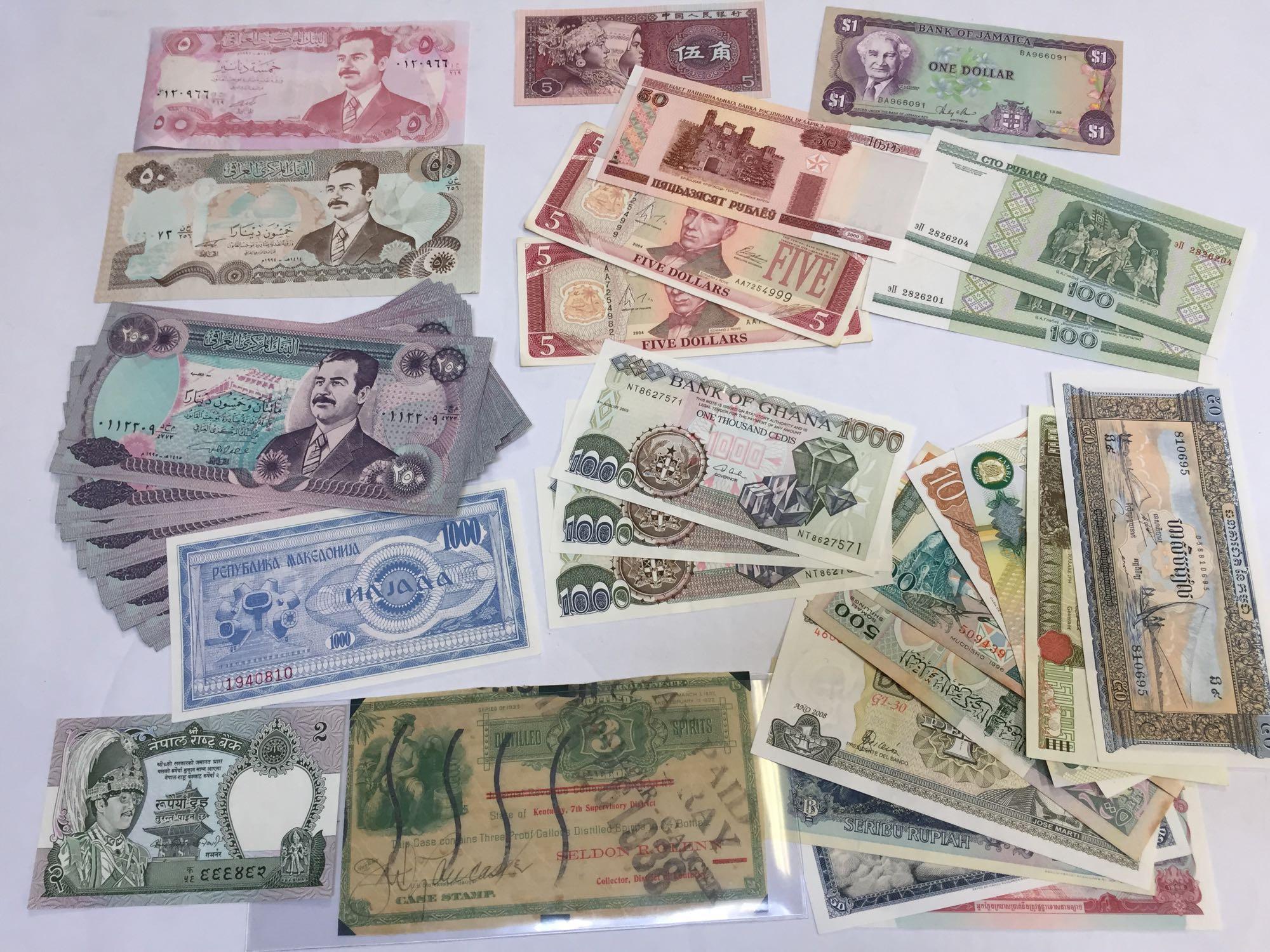 Prohibition Era Spirits Note, Foreign Bills, Iraq, Jamaica, Ghana, etc