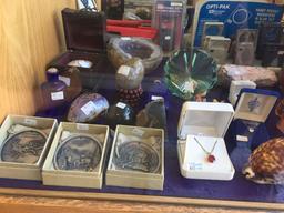 Shelf Contents, Jewelry, Geodes, Medals, Stones, Shells, Jewelers Loops, etc