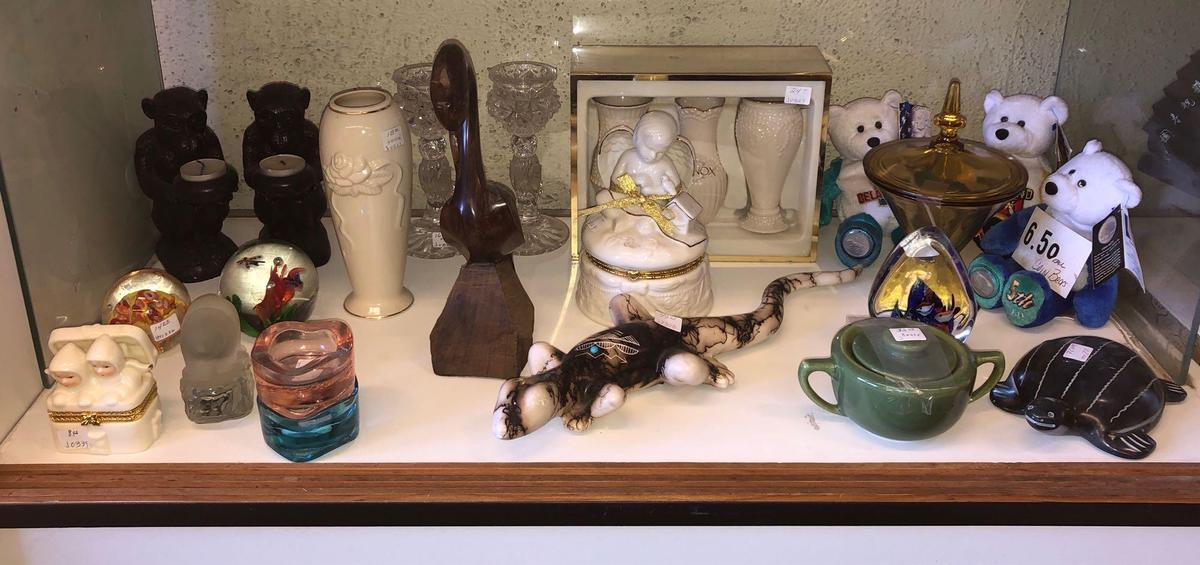 Shelf Contents, Lenox Ceramics, Wood & Ceramic Animals, State Coin Bears, More