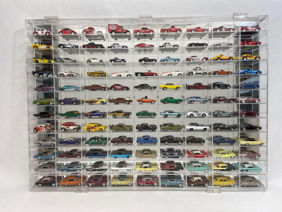 Toy Car Collection, Hotwheels, in Mirrored Display Case 32x24in