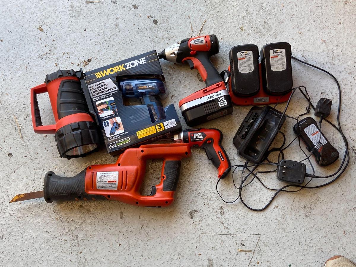 Lot of Battery Powered Tools, Black & Decker Screwdriver, Reciprocating Saw, etc