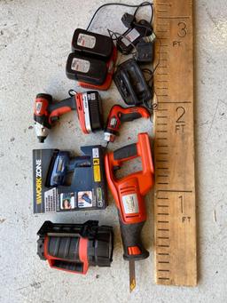 Lot of Battery Powered Tools, Black & Decker Screwdriver, Reciprocating Saw, etc