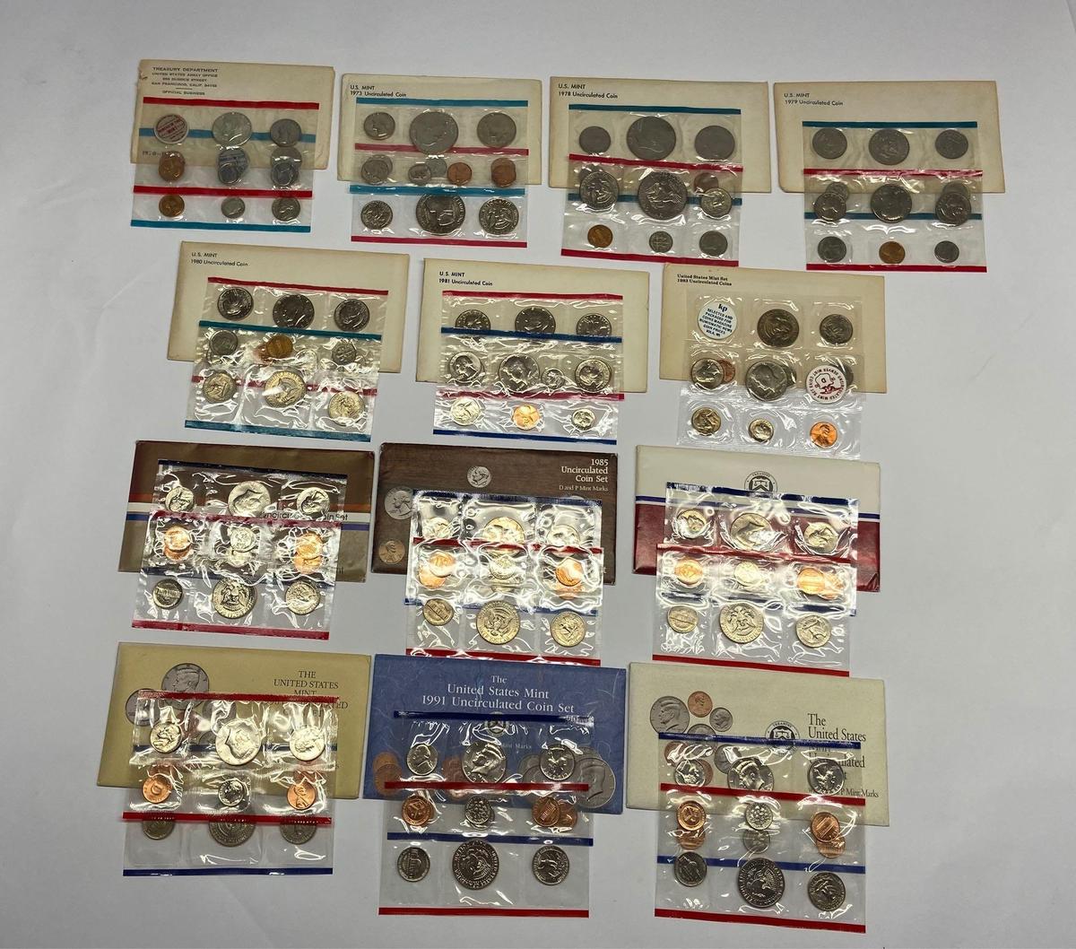 Collection of 13 United States Mint Uncirculated P & D Coin Sets 1970-1992 in Original Packaging