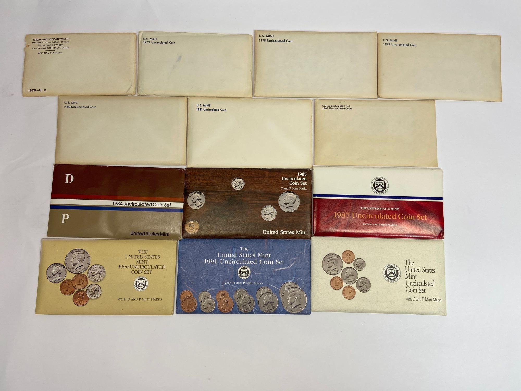 Collection of 13 United States Mint Uncirculated P & D Coin Sets 1970-1992 in Original Packaging