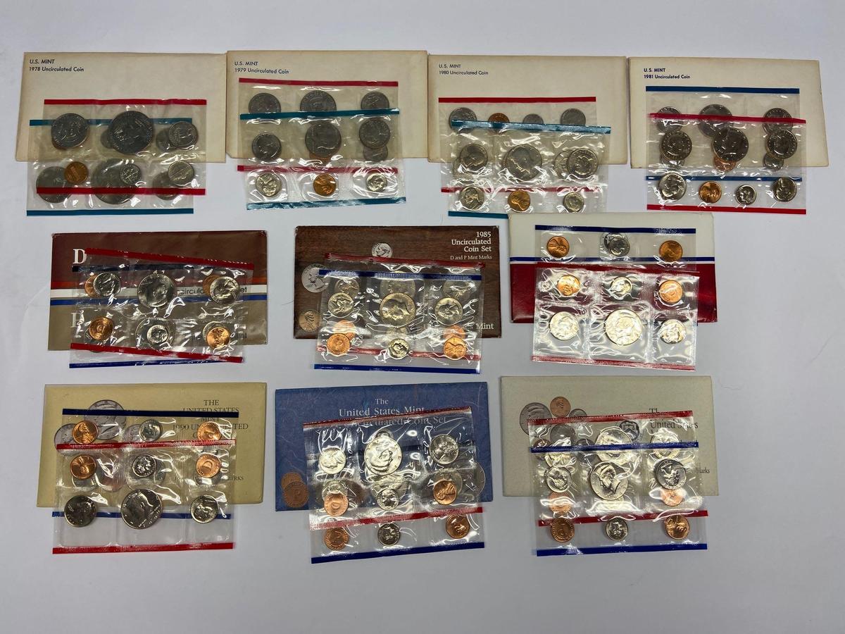 Collection of 10 United States Mint Uncirculated P & D Coin Sets 1978-1992 in Original Packaging