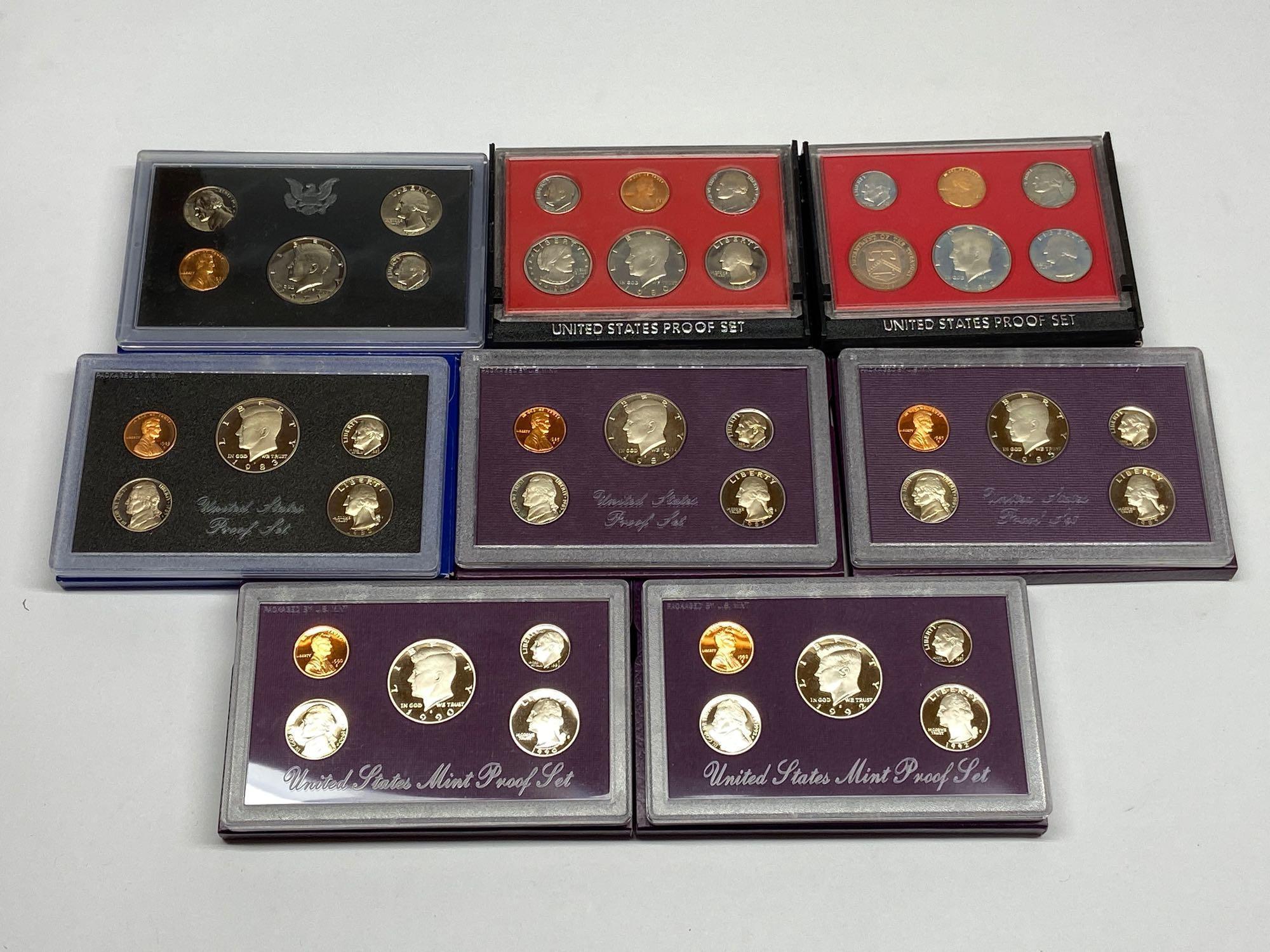 Collection of 8 United States Mint Proof Sets of Coins 1971-1992 in Original Packaging