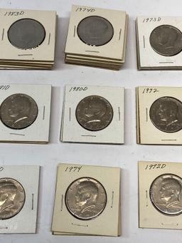 46 Kennedy Half Dollars, Collection of U.S. 50 Cent Coins 1968-1988