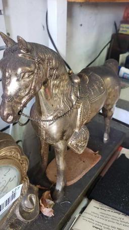 vintage metal clock with horse 16in wide