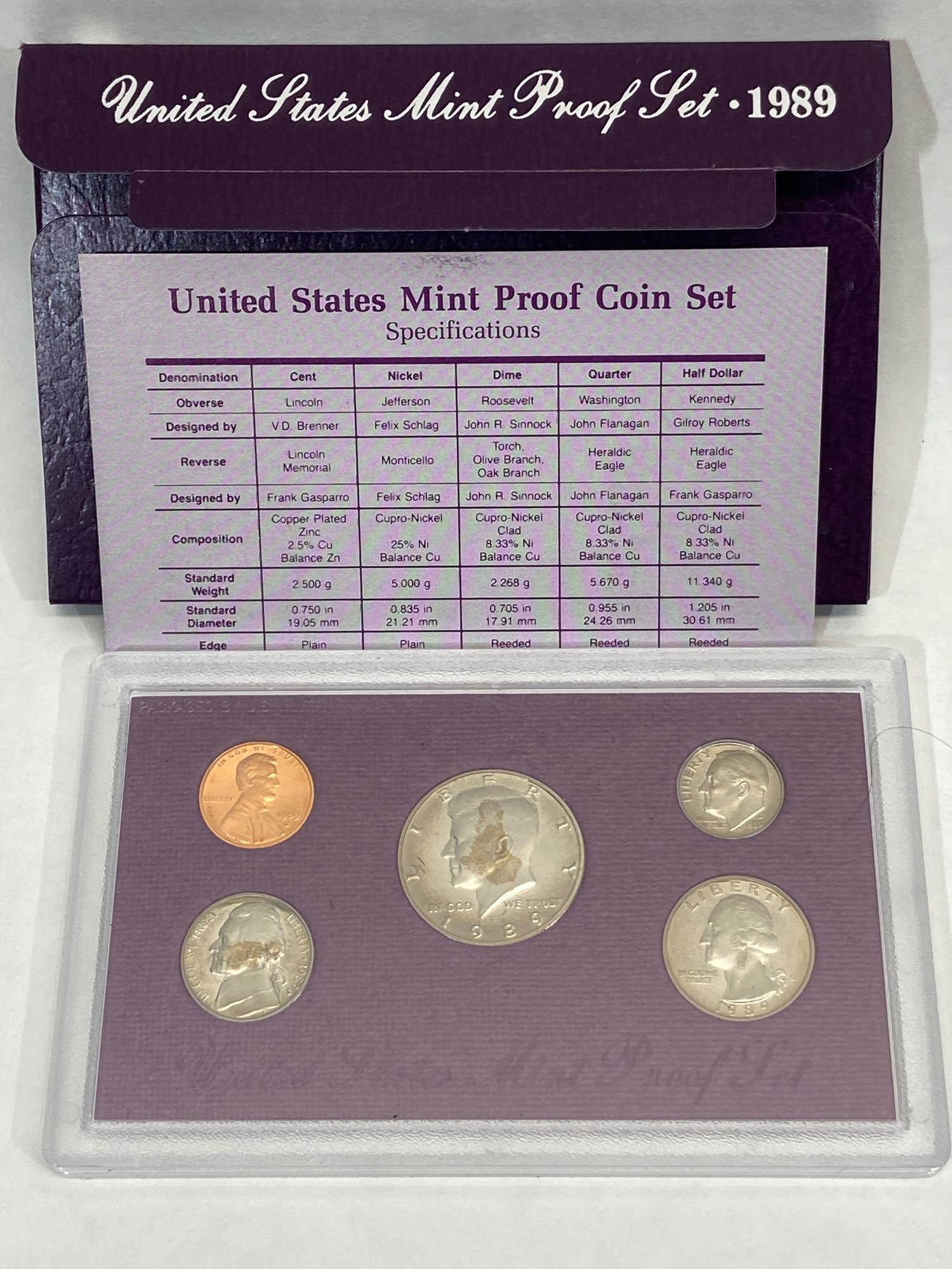 9 United States Mint Proof Sets of Coins 1985, 1986, 1987, 1988, 1989, 1990, 1991, 1992, 1993