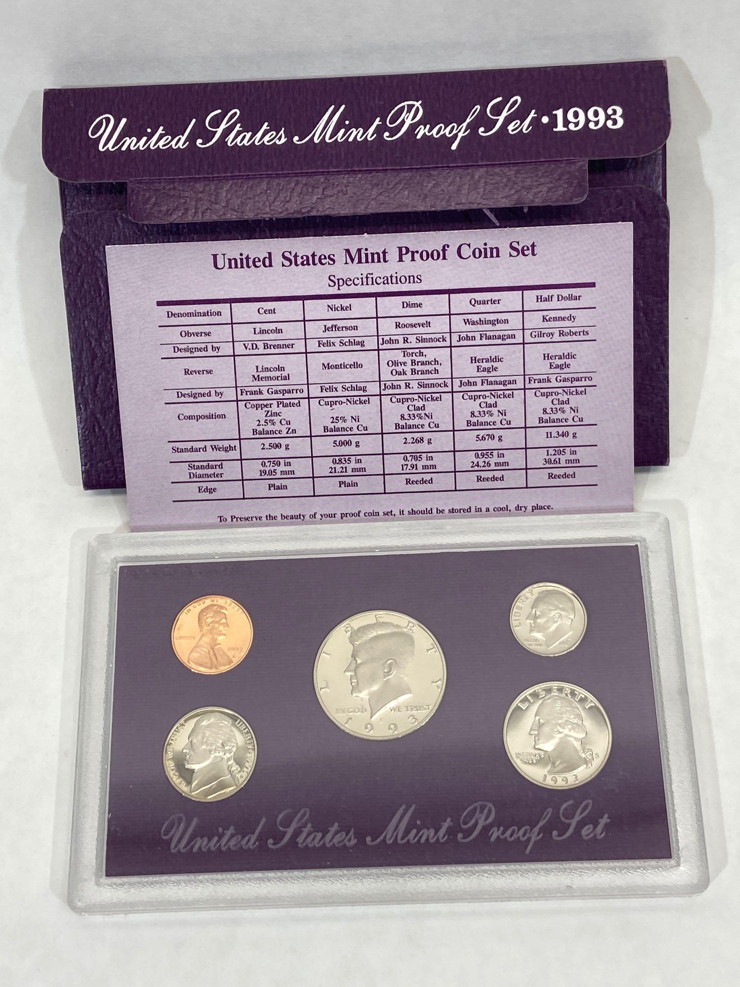 9 United States Mint Proof Sets of Coins 1985, 1986, 1987, 1988, 1989, 1990, 1991, 1992, 1993