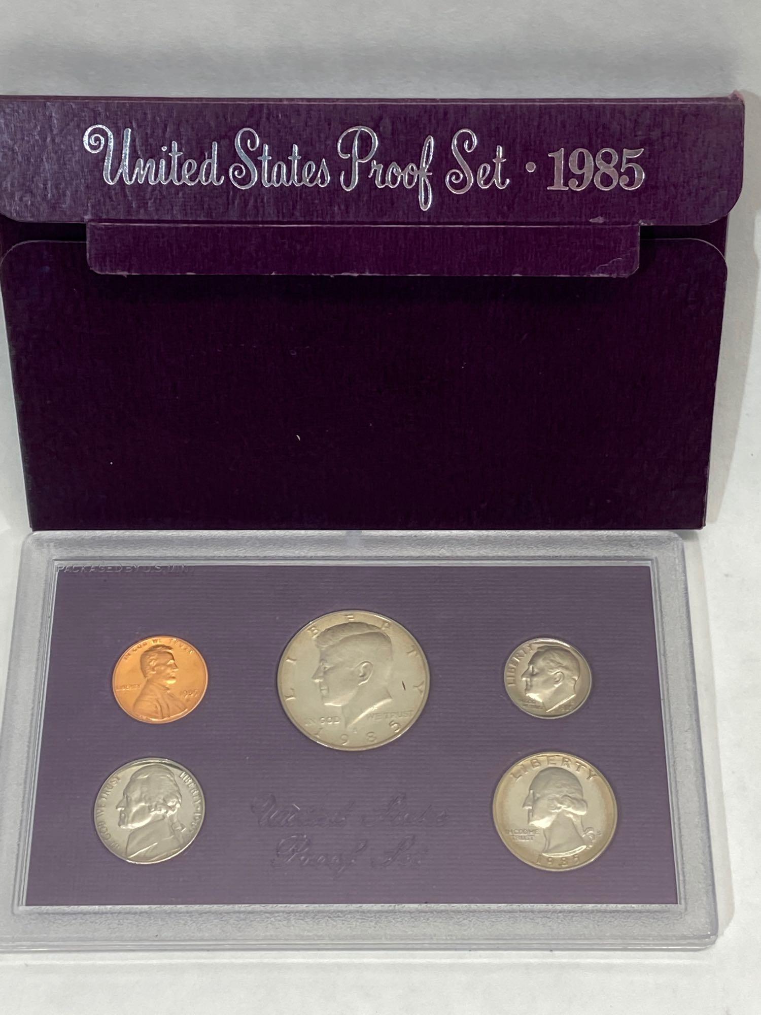 9 United States Mint Proof Sets of Coins 1985, 1986, 1987, 1988, 1989, 1990, 1991, 1992, 1993