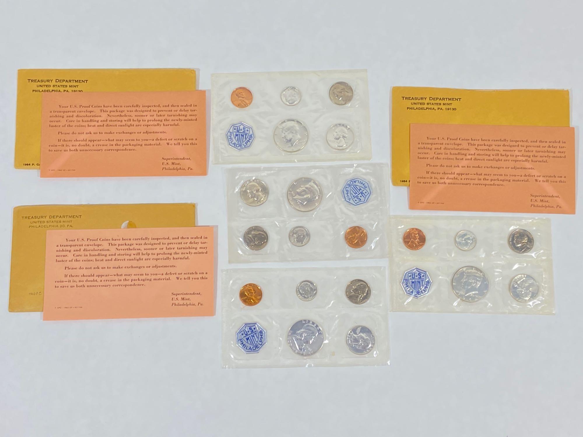 4 United States Mint Proof Sets of Coins, 1962 & 1964