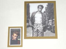 Framed James dean memorabilia, photo, stamp, dollar bill