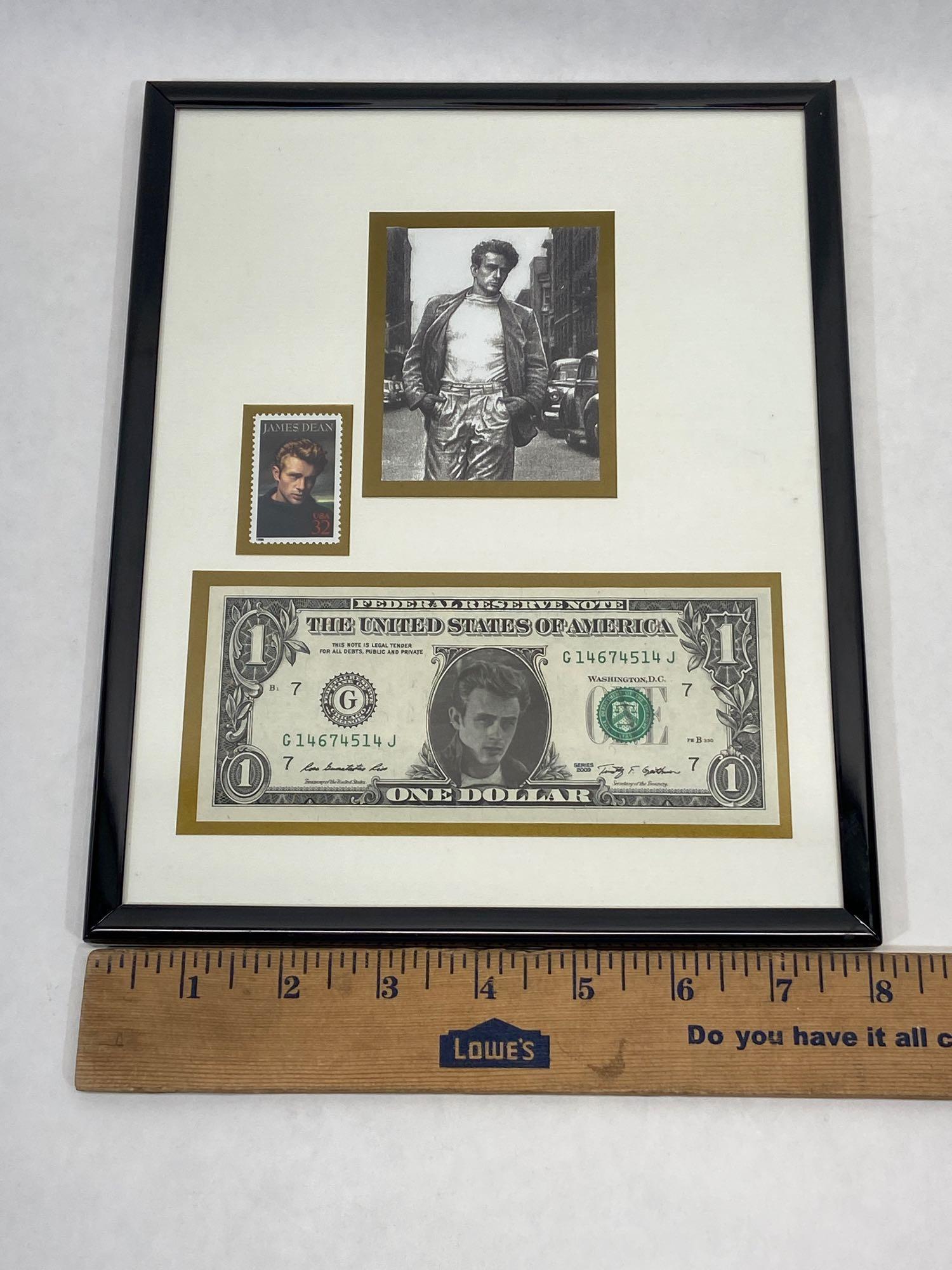 Framed James dean memorabilia, photo, stamp, dollar bill