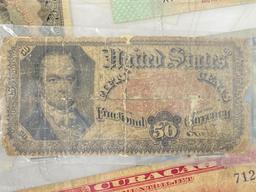 Collection of foreign currency & United States fractional currency 50 cent bill