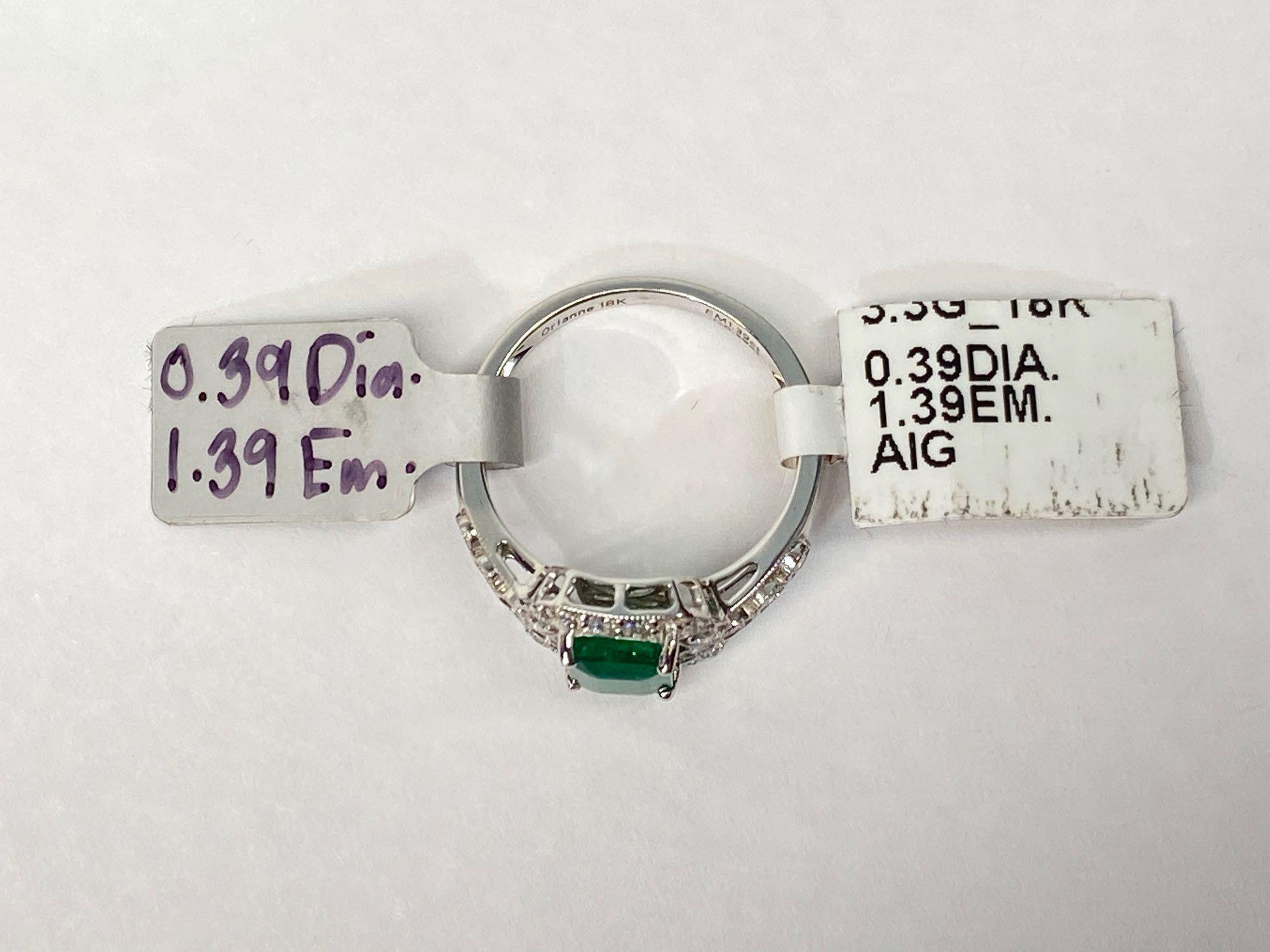 1.39ct Emerald, 0.39ct Diamonds, 18K White Gold Ring, Size 7, Certified & Graded by AIG