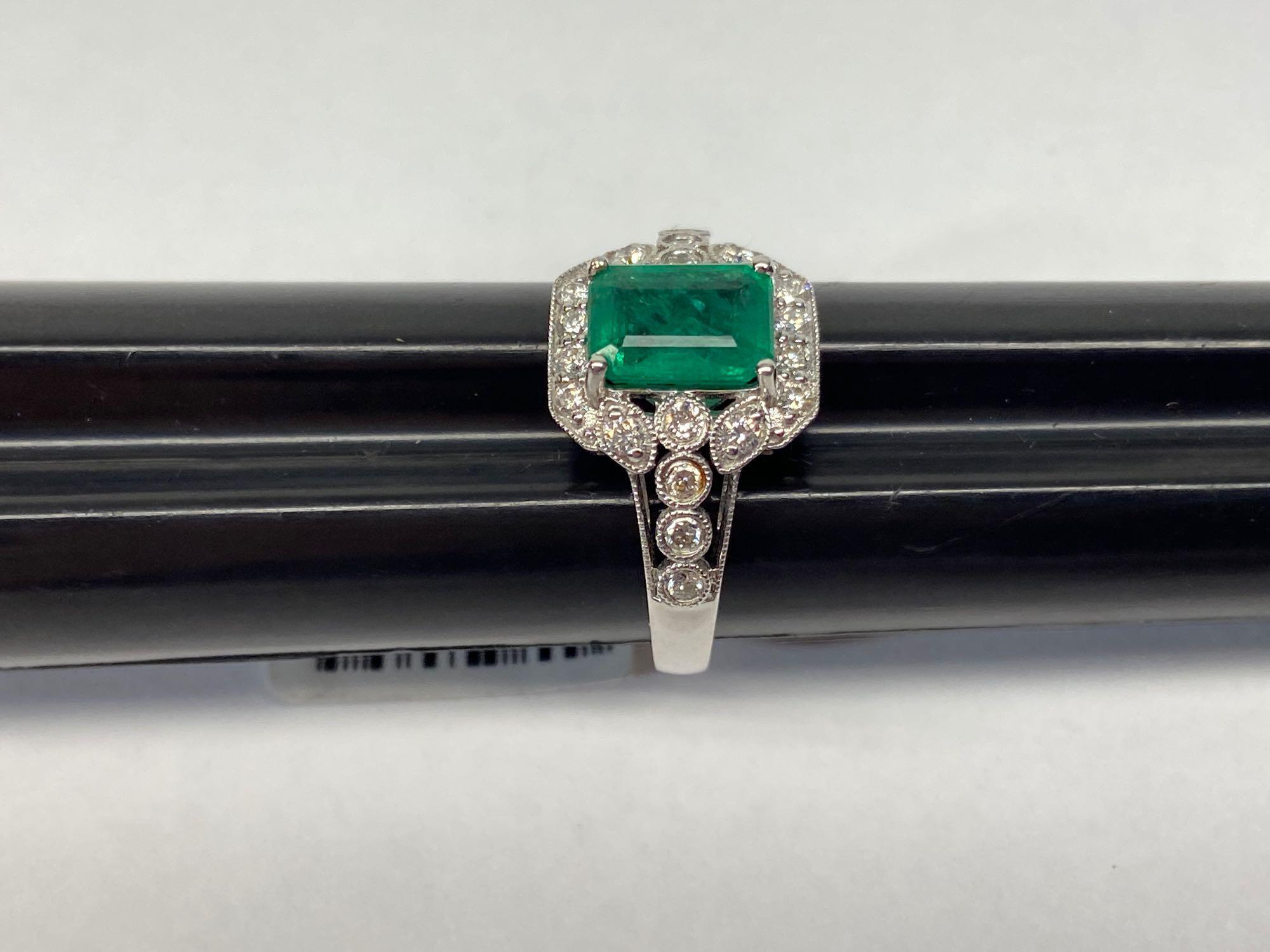 1.39ct Emerald, 0.39ct Diamonds, 18K White Gold Ring, Size 7, Certified & Graded by AIG