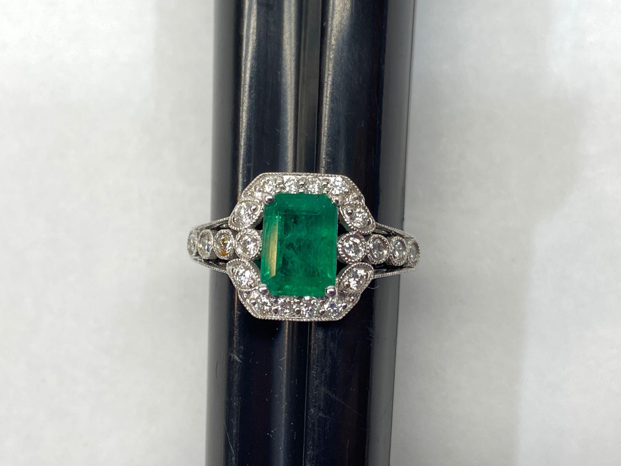 1.39ct Emerald, 0.39ct Diamonds, 18K White Gold Ring, Size 7, Certified & Graded by AIG