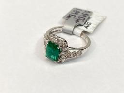 1.39ct Emerald, 0.39ct Diamonds, 18K White Gold Ring, Size 7, Certified & Graded by AIG