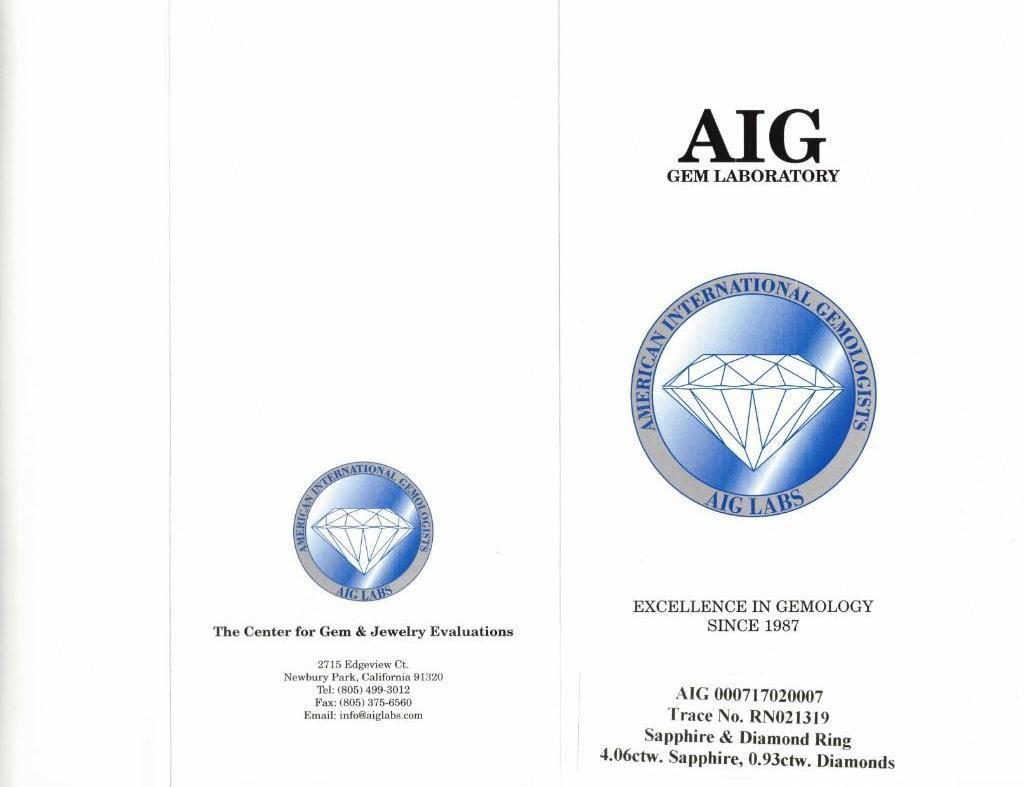 4.06ct Sapphires, 0.93cts Diamonds, 14K White Gold Ring, Size 7, Certified & Graded by AIG