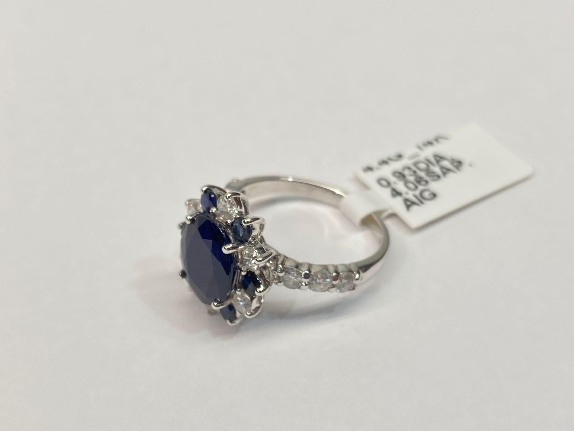 4.06ct Sapphires, 0.93cts Diamonds, 14K White Gold Ring, Size 7, Certified & Graded by AIG