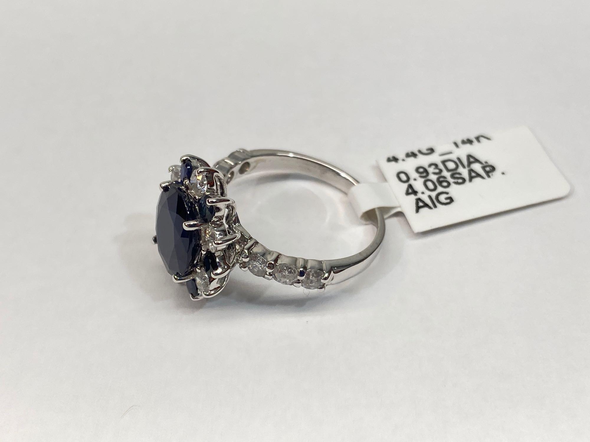 4.06ct Sapphires, 0.93cts Diamonds, 14K White Gold Ring, Size 7, Certified & Graded by AIG