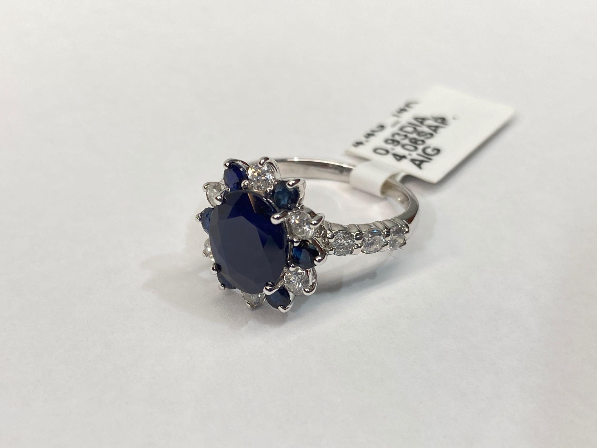4.06ct Sapphires, 0.93cts Diamonds, 14K White Gold Ring, Size 7, Certified & Graded by AIG