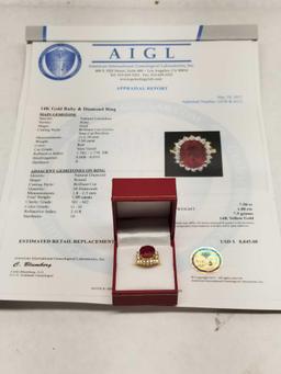 14k Gold Ruby Diamond Ring Size 7 AIGL Certified