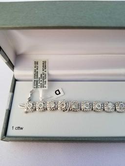 1 Carat Diamond Sterling Silver Cushion Halo Bracelet