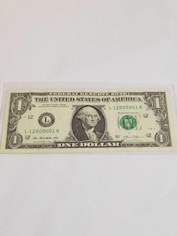 2013 Dollar Bill Fancy Serial Number 12000001