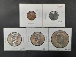 5 Coin Lot 2 Kennedy Modern Half Dollars, 1971 Ike Dollar + Steel Wheat Pennies