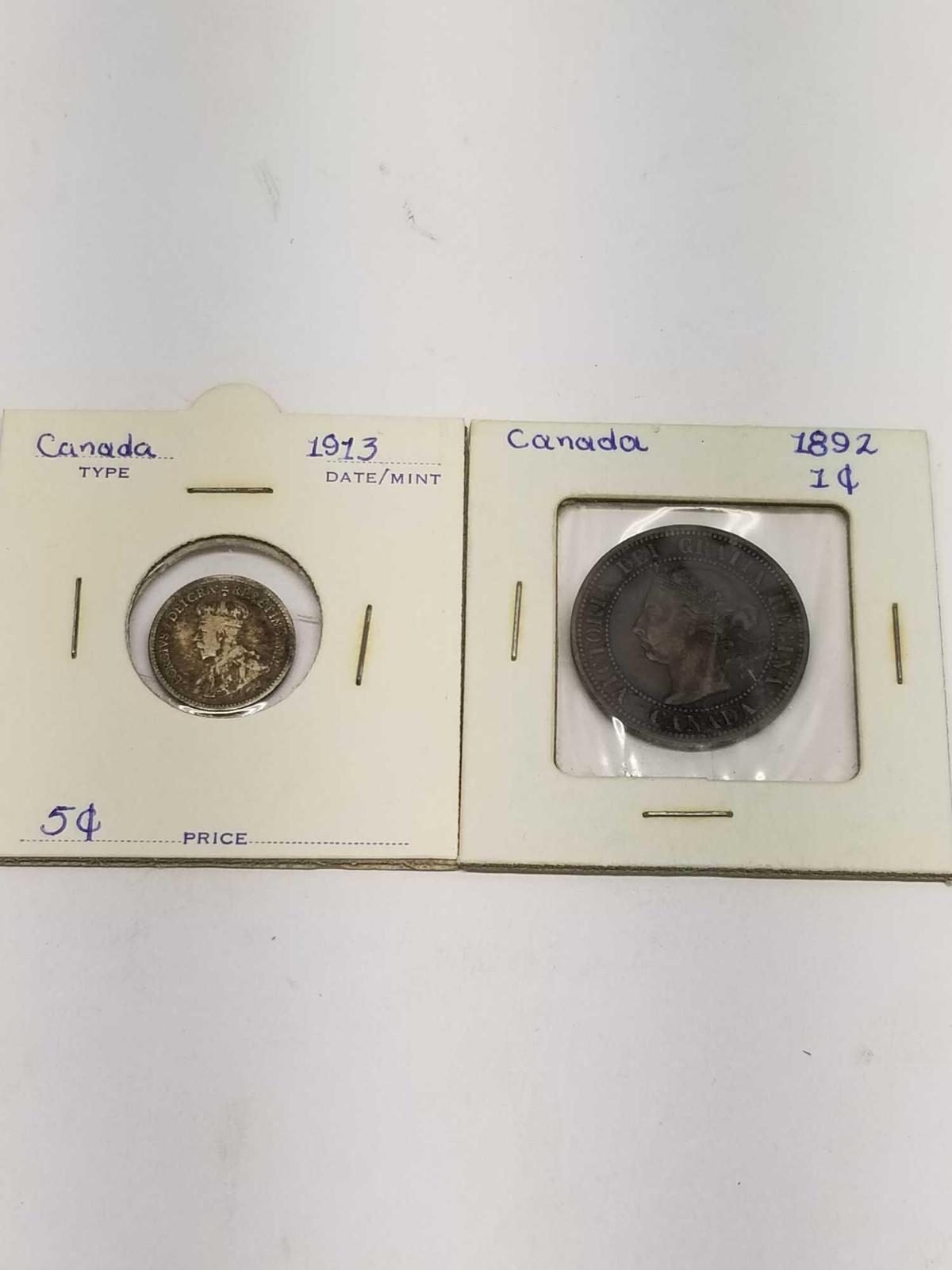 1892 Canada Large Cent AU+ Silver 1913 Canada Dime 2 Units