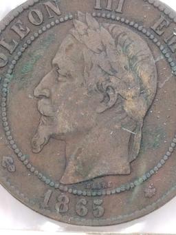 1865 Dix Centimes France Rare Old Copper Empire Francais