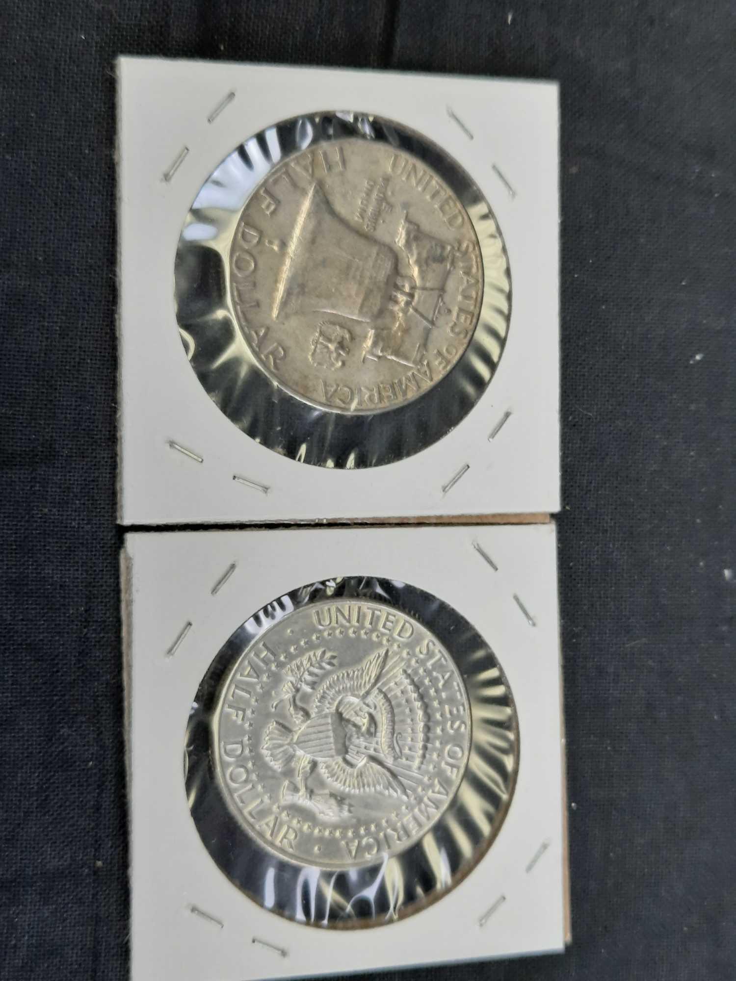 1964 Kennedy Silver Half + 1965 Franklin Silver Half Dollars, 2 Units