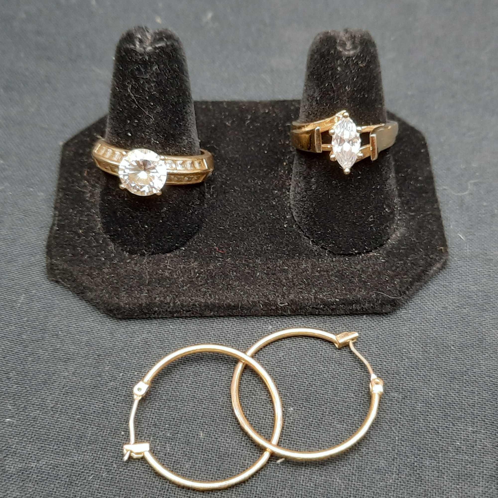 10-14K Gold Lot, Gold Rings Faux Gem Stones, Gold Hoop Earrings