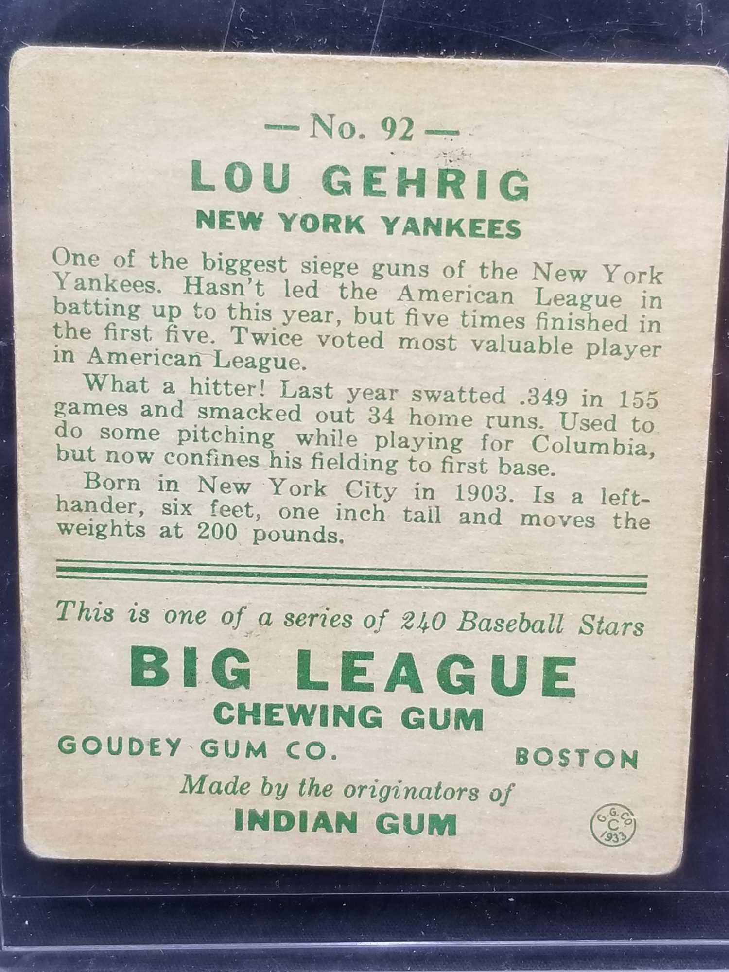 1933 Goudey #92 Lou Gehrig