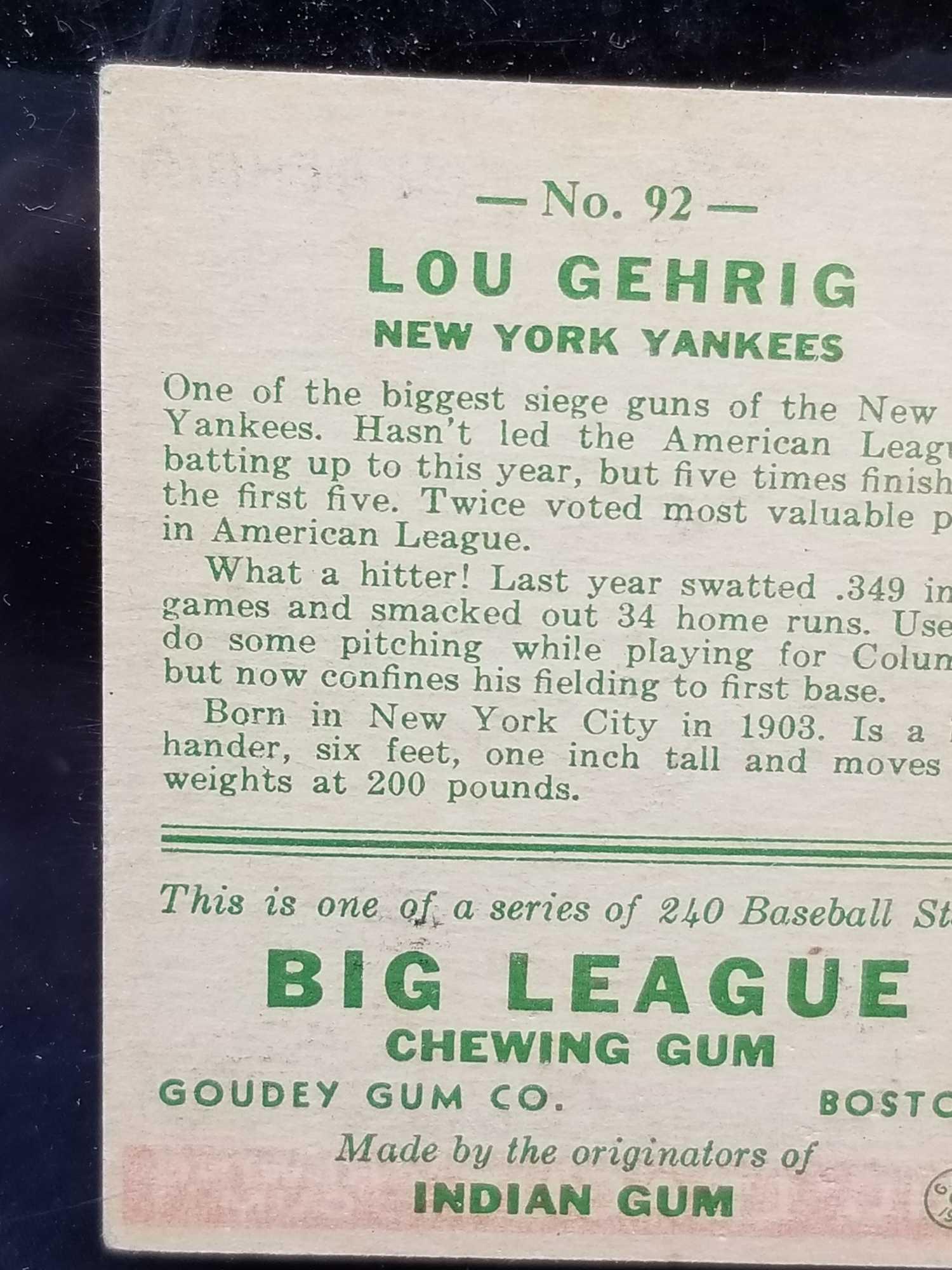 1933 Goudey #92 Lou Gehrig
