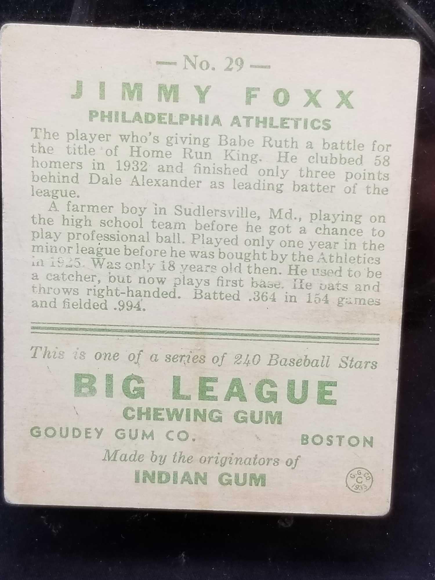 1933 Goudey #29 Jimmy Foxx