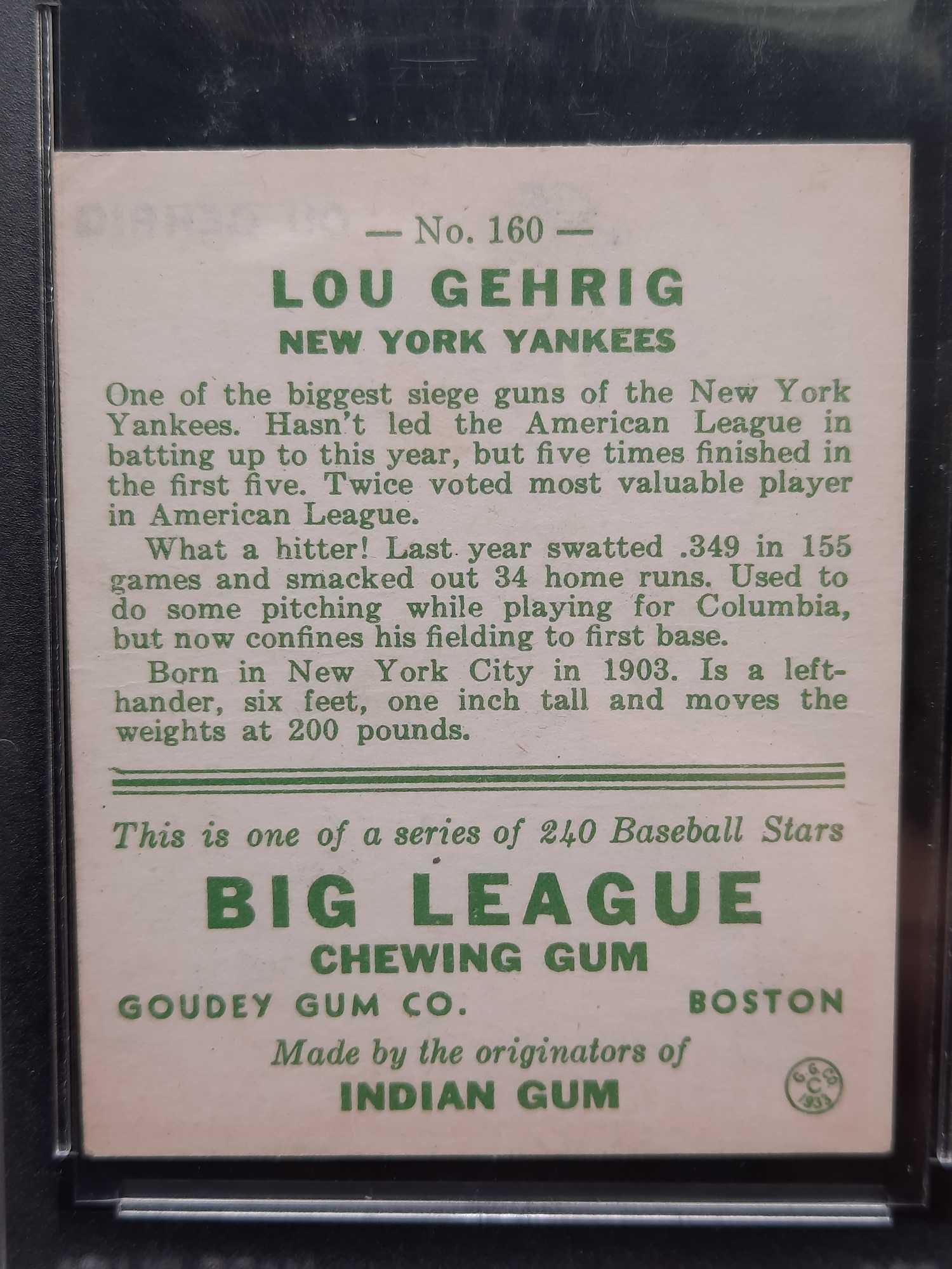 1933 Goudey #160 Lou Gehrig Graded 6 EX-NM Pro Baseball Card